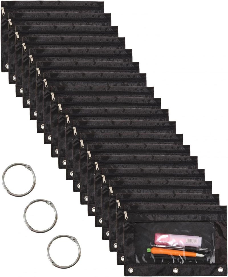WODISON 18-Packs 3 Ring Pencil Pouch with Clear Window School Classroom Binder Pocket Case Office Stationery Bag Black - Image 1